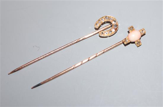Two yellow metal and gem set stick pins, including coral and rose cut diamond and rose cut diamond set horseshoe.